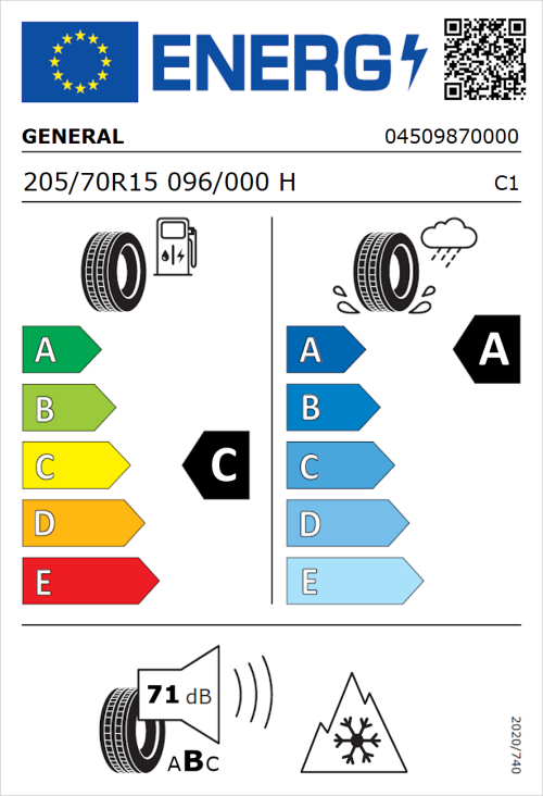 Tyre Label for General Grabber GT Plus 205/70R15 096/000H