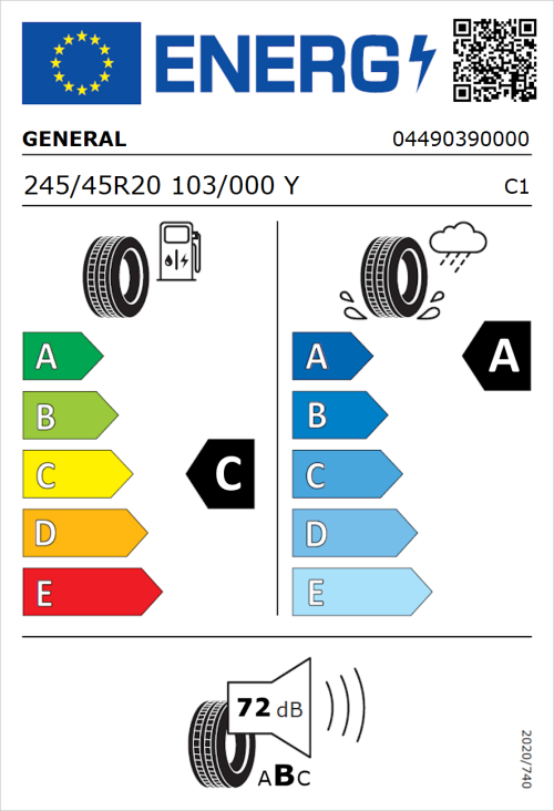 Tyre Label for General Grabber GT Plus 245/45R20 103/000Y