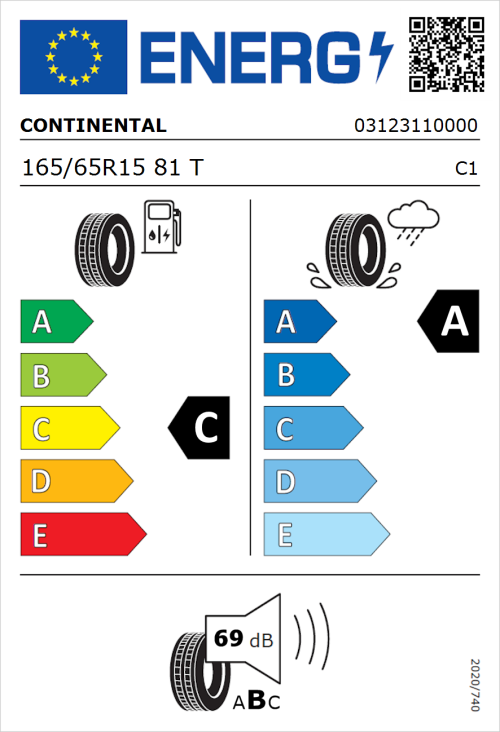 Tyre Label for Continental UltraContact 165/65R15 81T