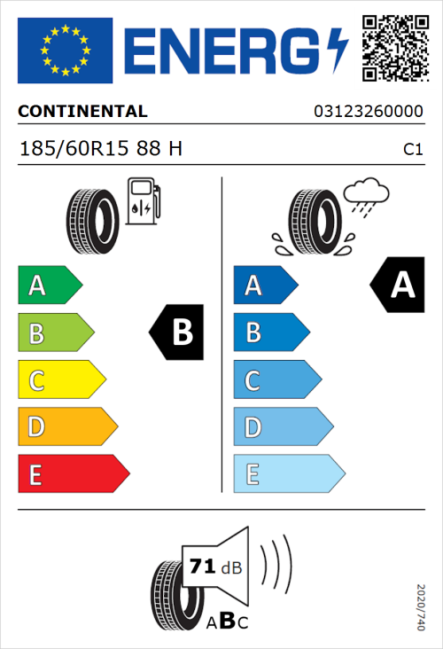 Tyre Label for Continental UltraContact 185/60R15 88H