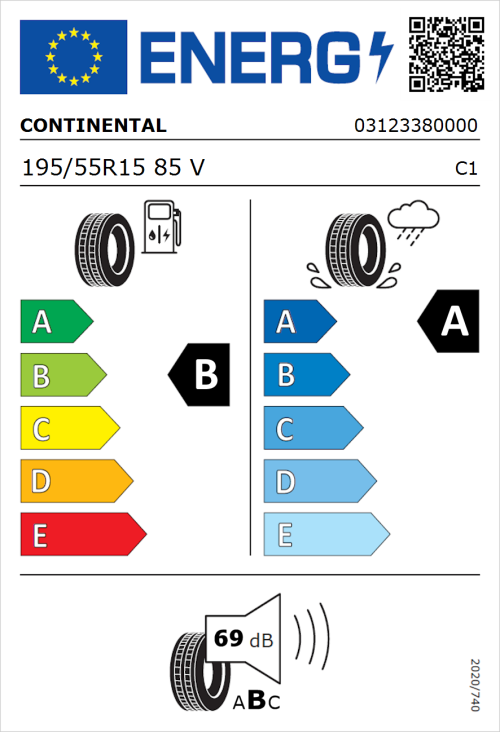Tyre Label for Continental UltraContact 195/55R15 85V