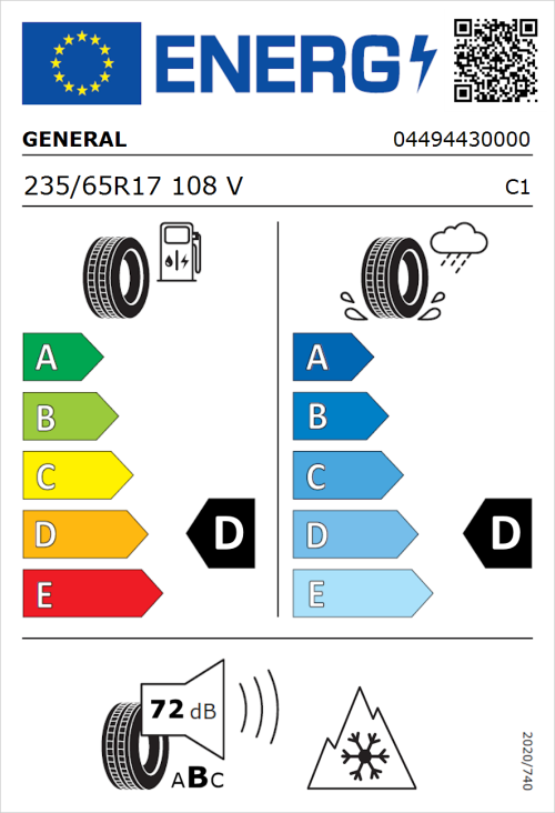Tyre Label for General Grabber AT 3 235/65R17 108V