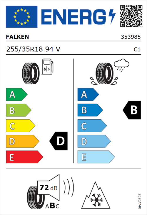 Tyre Label for Falken Eurowinter HS02 Pro 255/35R18 94V