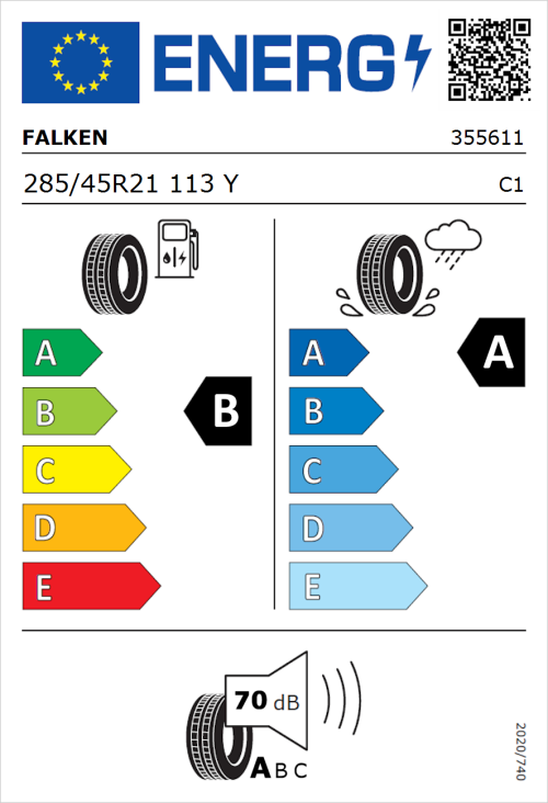 Tyre Label for Falken Azenis FK520 285/45R21 113Y