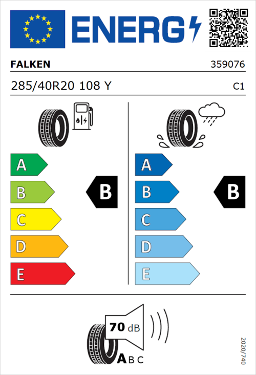 Tyre Label for Falken Azenis FK520 285/40R20 108Y