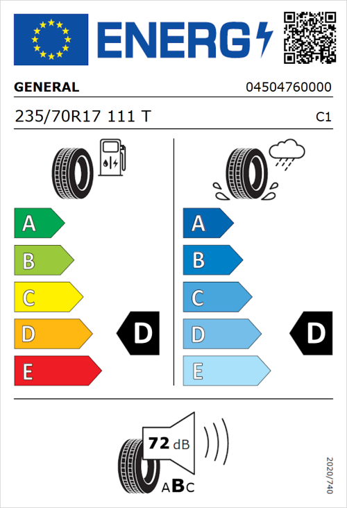 Tyre Label for General Grabber HTS60 235/70R17 111T